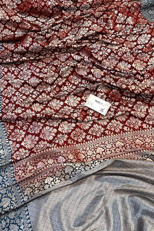 Wine and Blue Temple Buta Katan Silk Banarasi Saree