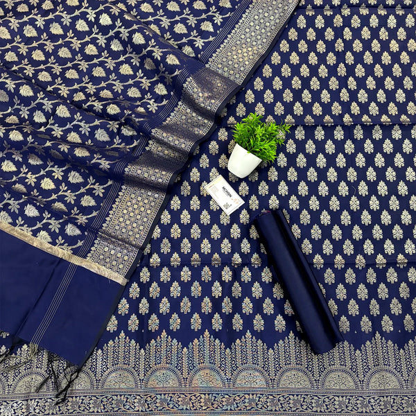 Navy Blue Frozen Tree Satin Silk Banarasi Suit