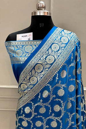 Firozi Murmuri Jaal Katan Silk Banarasi Saree