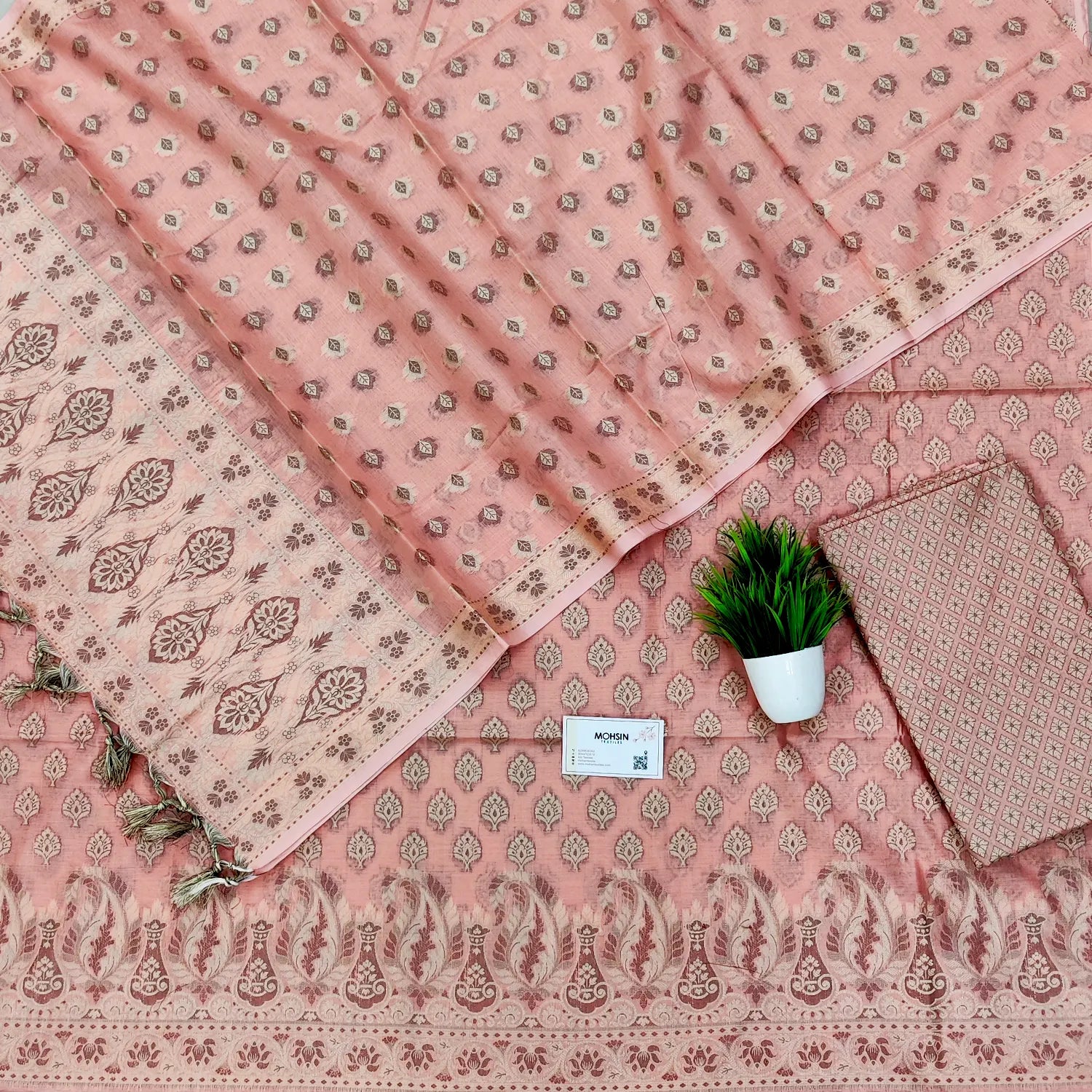 Peach Surahi Tree Cotton Silk Banarasi Suit