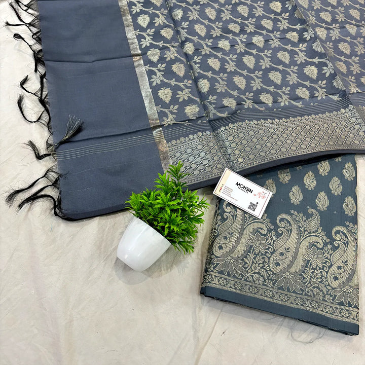 Grey Holika Satin Silk Banarasi Suit