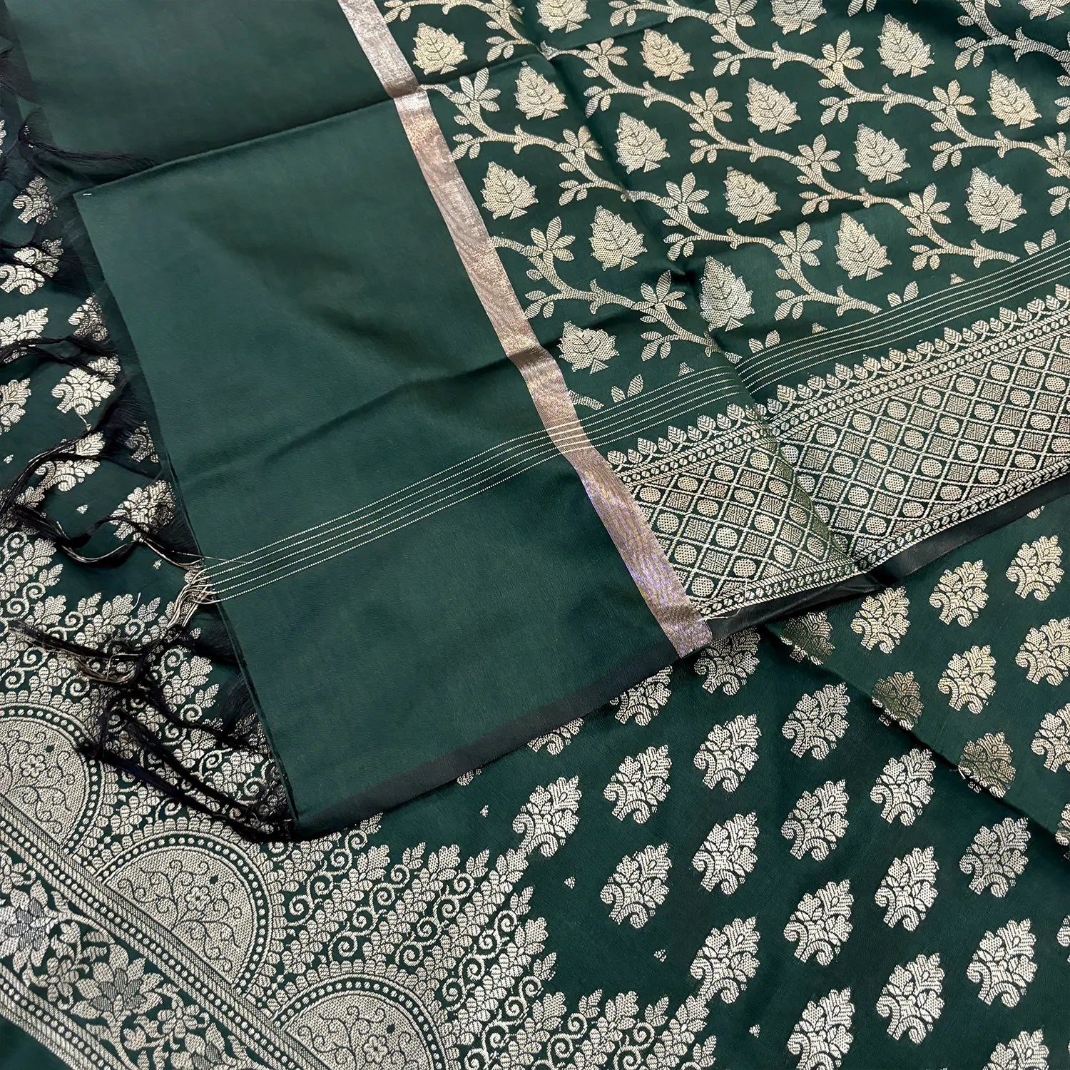 Bottle Green Frozen Tree Satin Silk Banarasi Suit