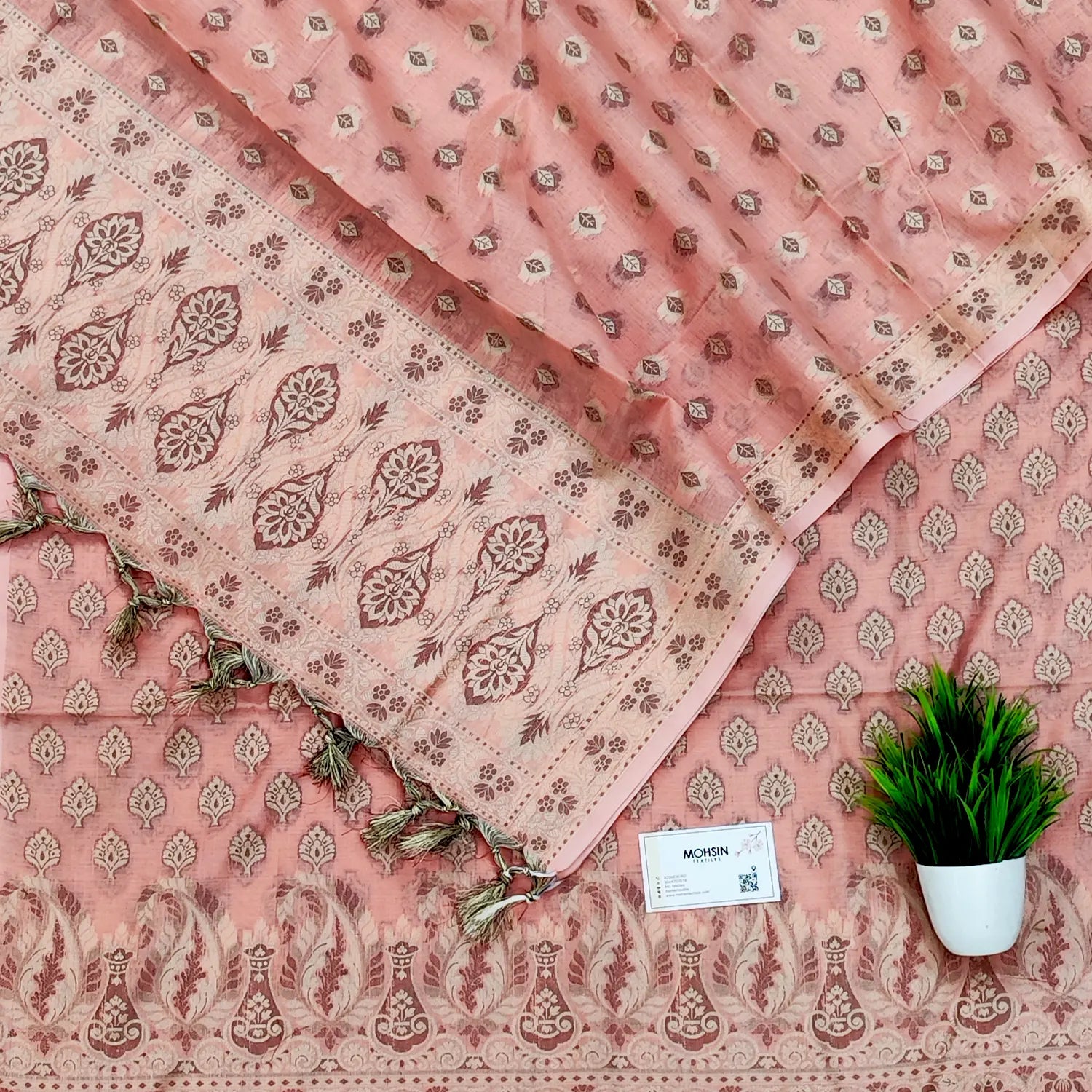 Peach Surahi Tree Cotton Silk Banarasi Suit