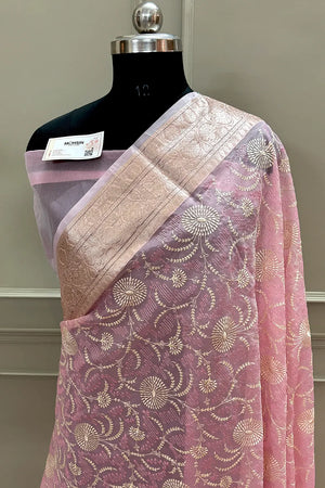 Baby Pink Embroidery Organza Silk Banarasi Saree