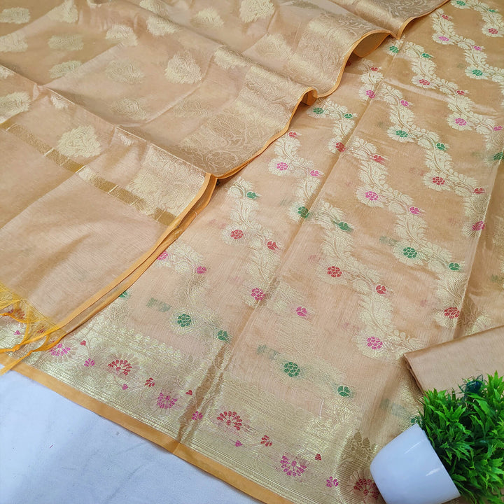 Beige Laheriya Golden Zari Banarasi Silk Salwar Suit