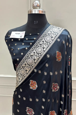 Black Pangi Buti Katan Silk Banarasi Saree