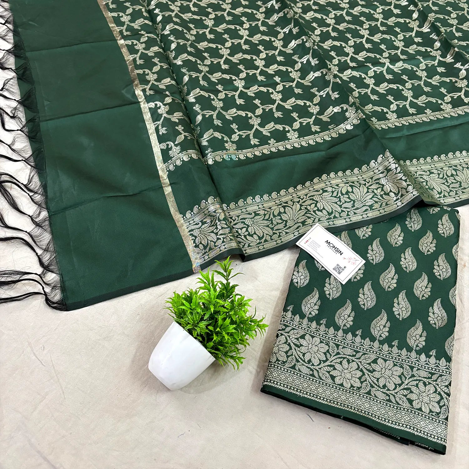 Bottle Green Agnipath Buti Satin Silk Banarasi Suit