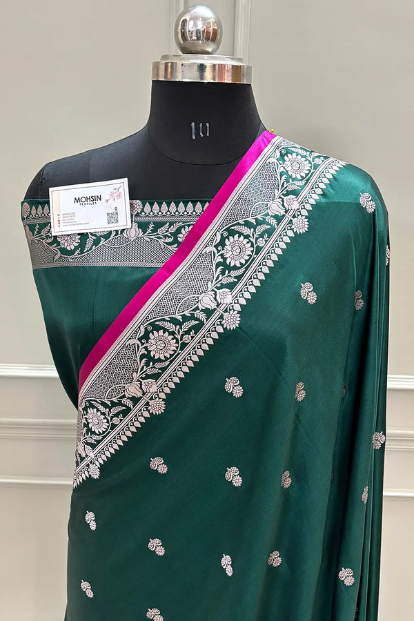 Bottle Green Babri Buti Katan Silk Banarasi Saree