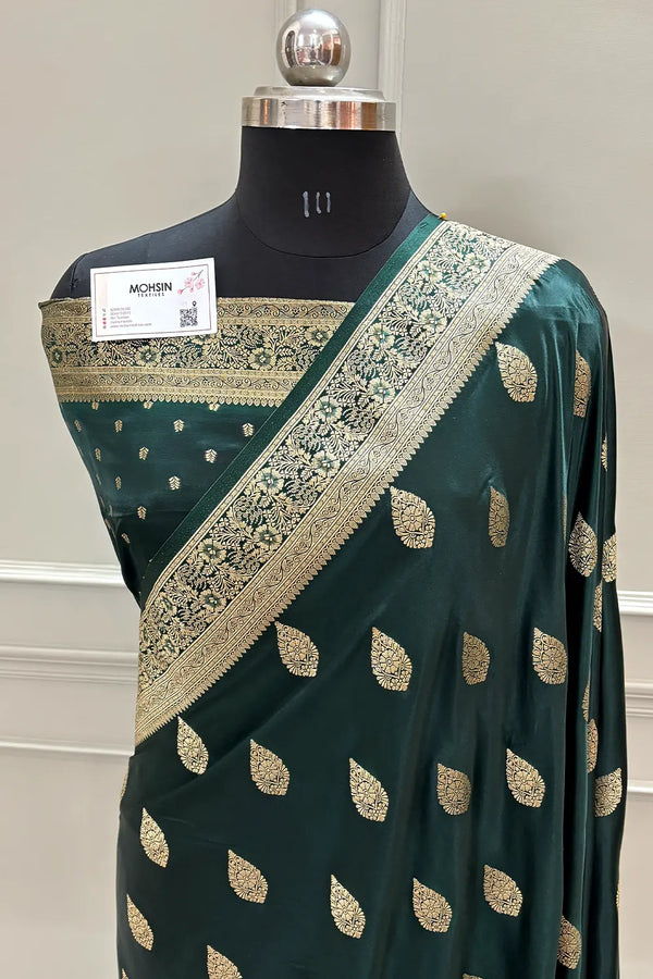 Bottle Green Badami Buta Katan Silk Banarasi Saree