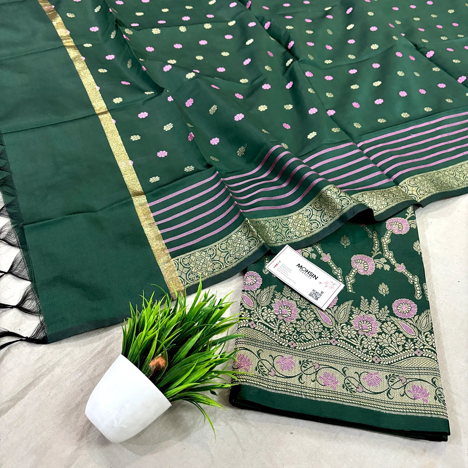 Bottle Green Golden Zari Satin Silk Banarasi Suit