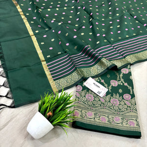 Bottle Green Golden Zari Satin Silk Banarasi Suit
