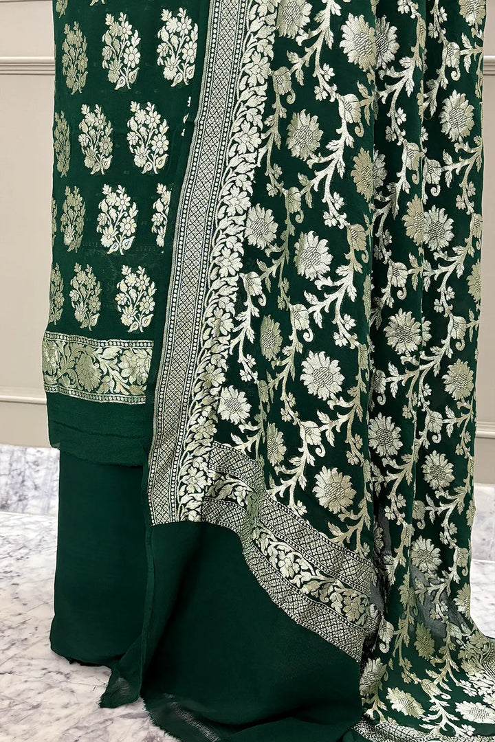 Bottle Green Pure Georgette Silk Banarasi Suit