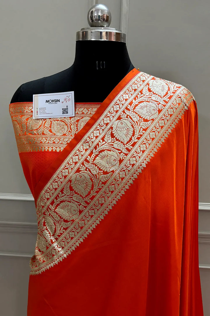 Dark Orange Plain Golden Zari Katan Silk Banarasi Saree