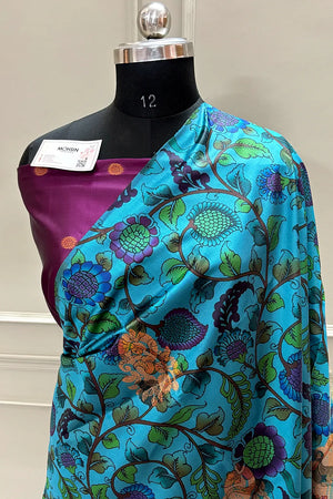 Firozi and Pink Printed Silk Saree