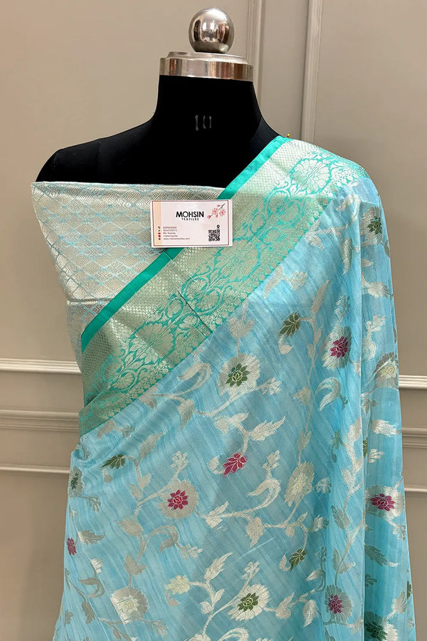 Firozi and Sea Green Golden Zari Tussar Silk Banarasi Saree