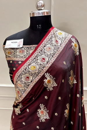 Maroon Golden Zari Katan Silk Banarasi Saree