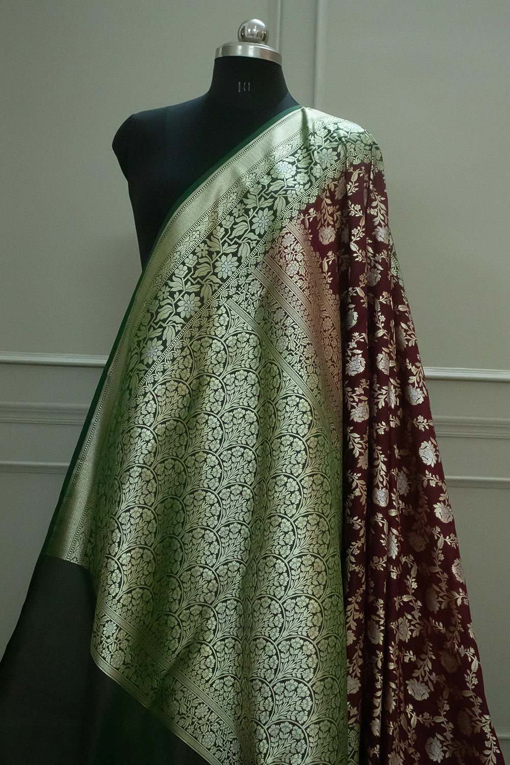 Maroon and Green Maharani Jaal Crepe Silk Banarasi Saree