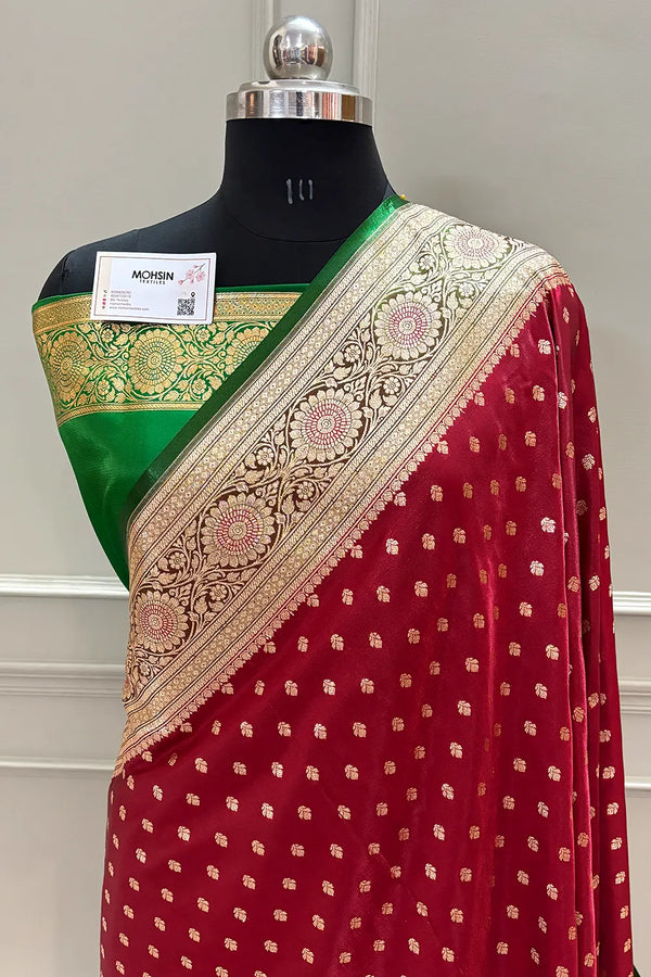 Maroon and Green Makkhi Buti Katan Silk Banarasi Saree