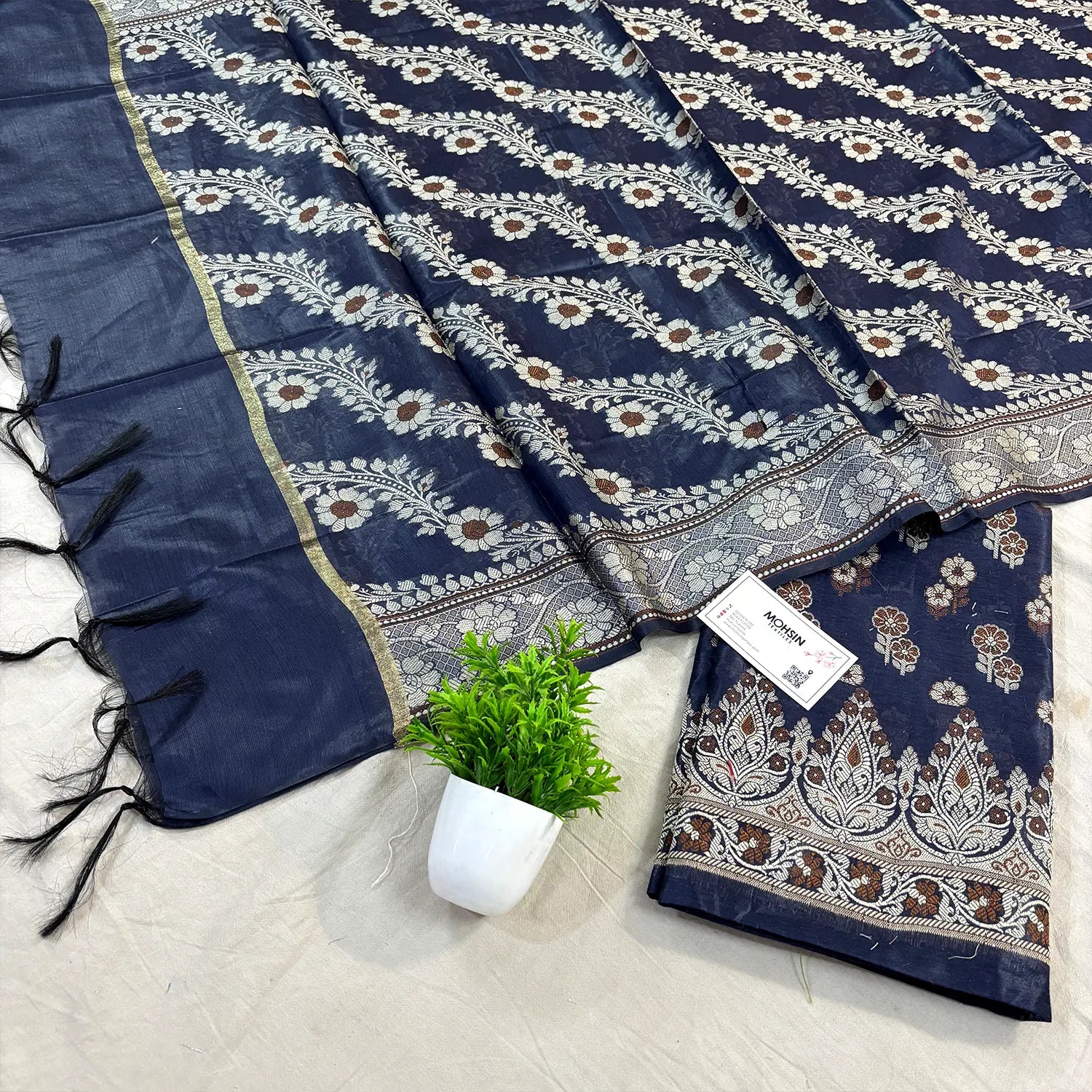 Navy Blue Fan Flower Banarasi Silk Suit