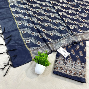 Navy Blue Fan Flower Banarasi Silk Suit