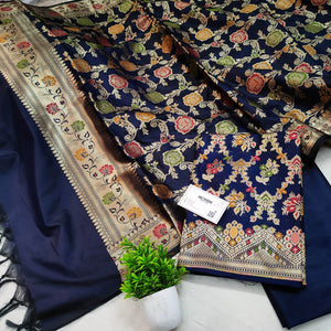 Navy Blue Meenakari Katan Silk Banarasi Suit