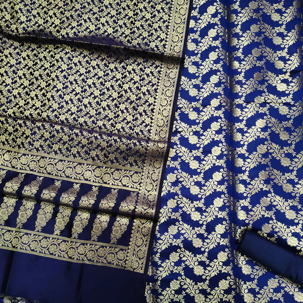 Navy Blue Moglai Jaal Satin Silk Banarasi Suit