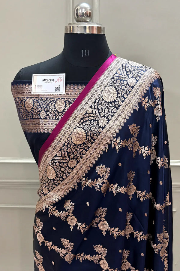 Navy Blue Papakipari Katan Silk Banarasi Saree