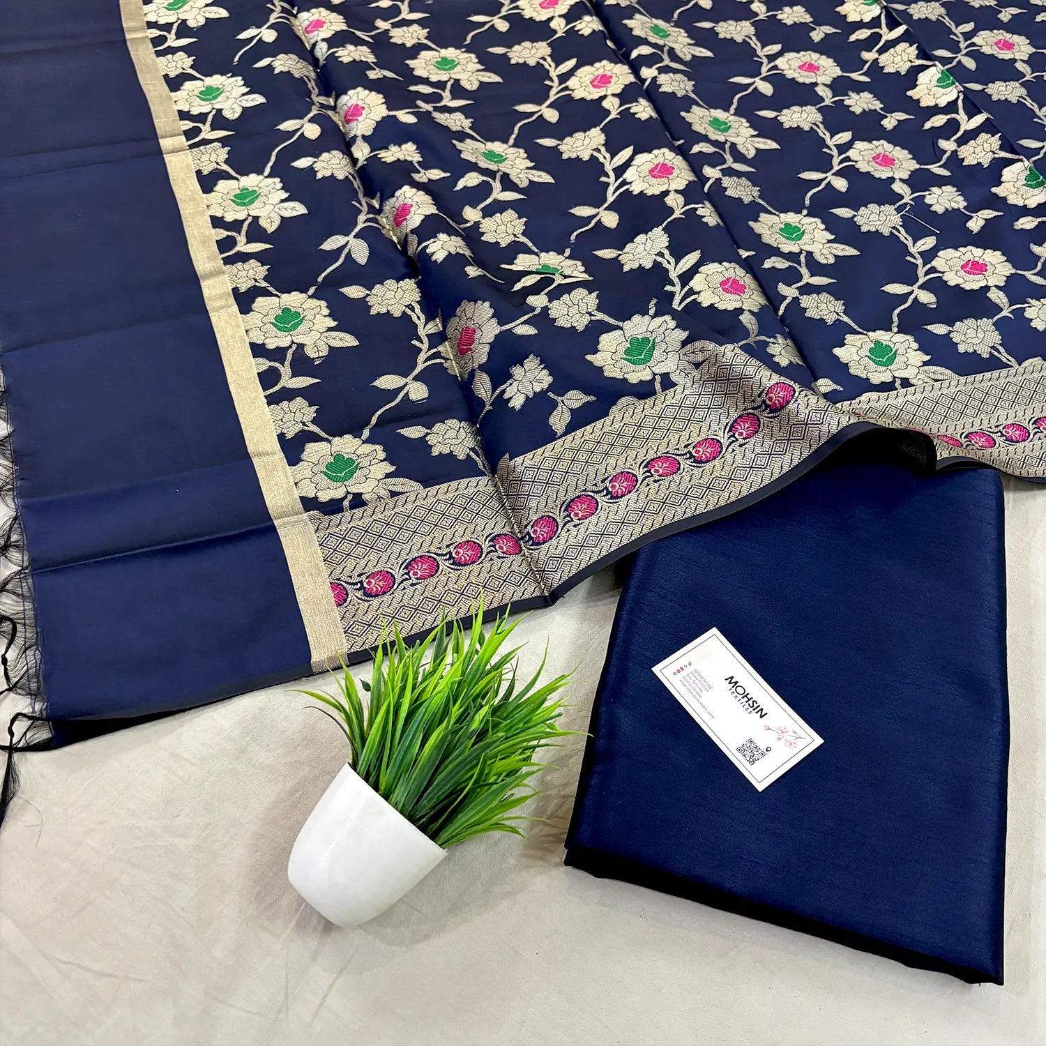 Navy Blue Plain Dupion Silk Banarasi Suit