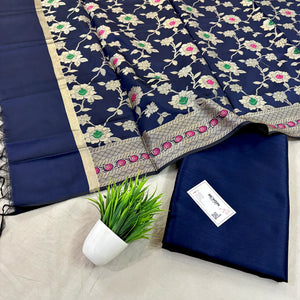 Navy Blue Plain Dupion Silk Banarasi Suit