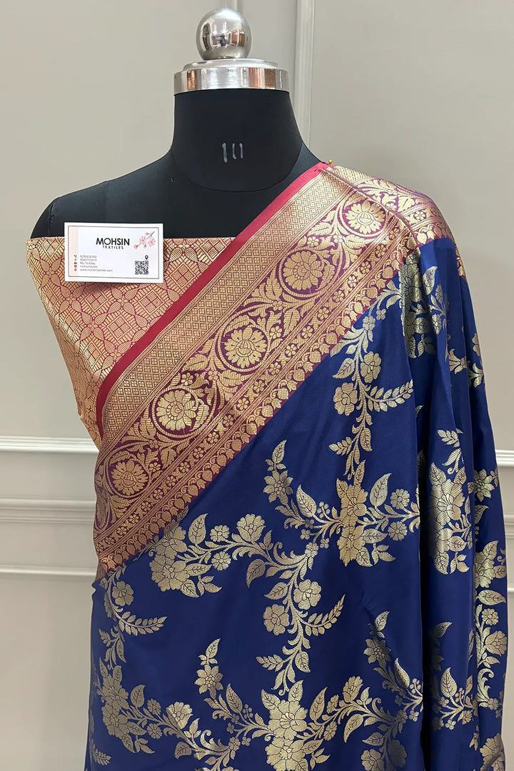 Navy Blue and Maroon Bharama Jaal Satin Silk Banarasi Saree