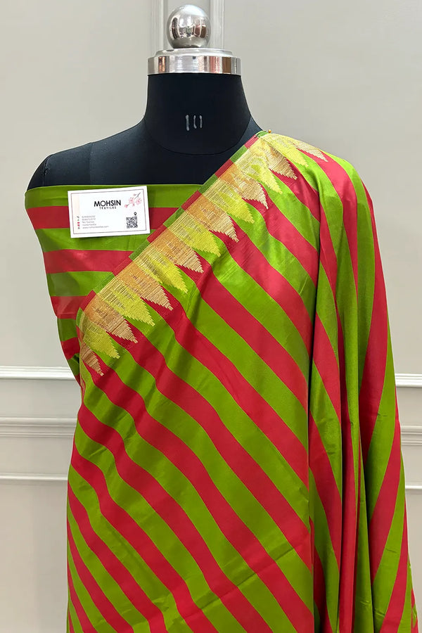 Parrot Green and Red Stripe Plain Satin Silk Banarasi Saree