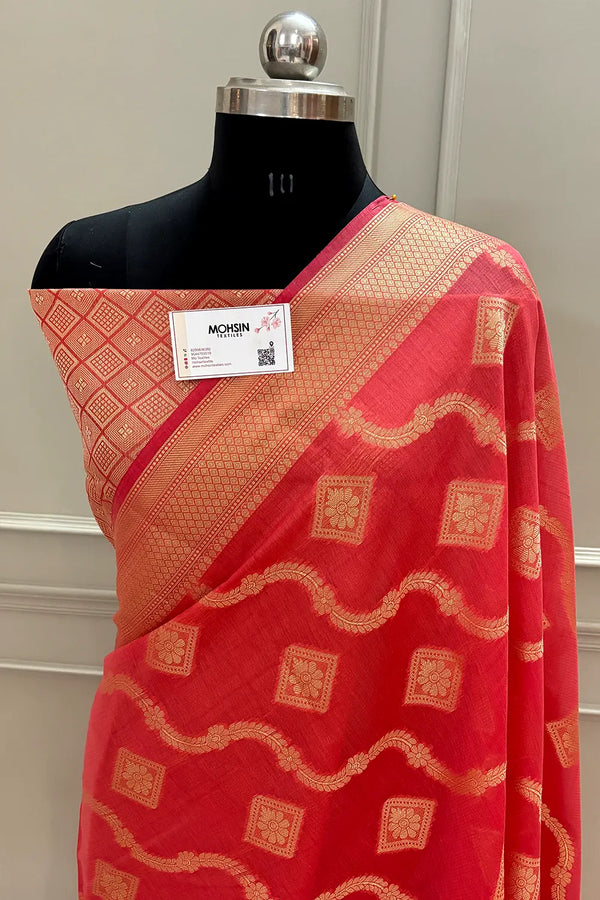 Peach Behti Ganga Chanderi Silk Banarasi Saree