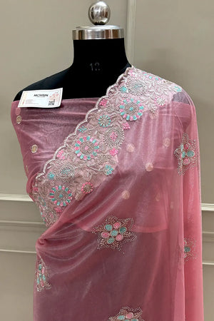 Peach Embroidery Siroski Brasso Net Saree