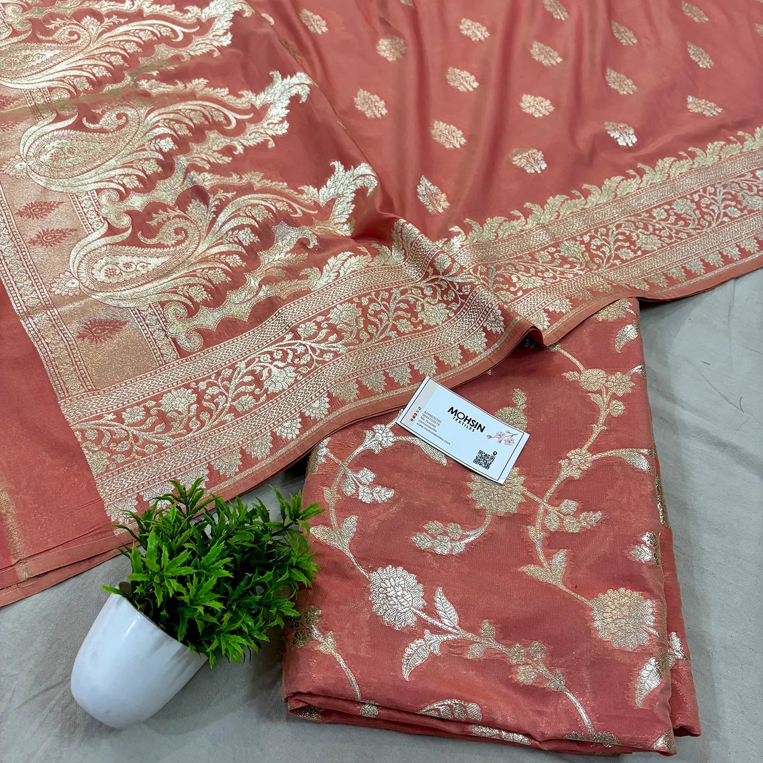 Peach Golden Zari Katan Silk Banarasi Suit