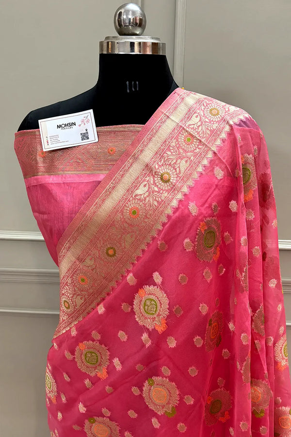 Peach Golden Zari Organza Silk Banarasi Saree