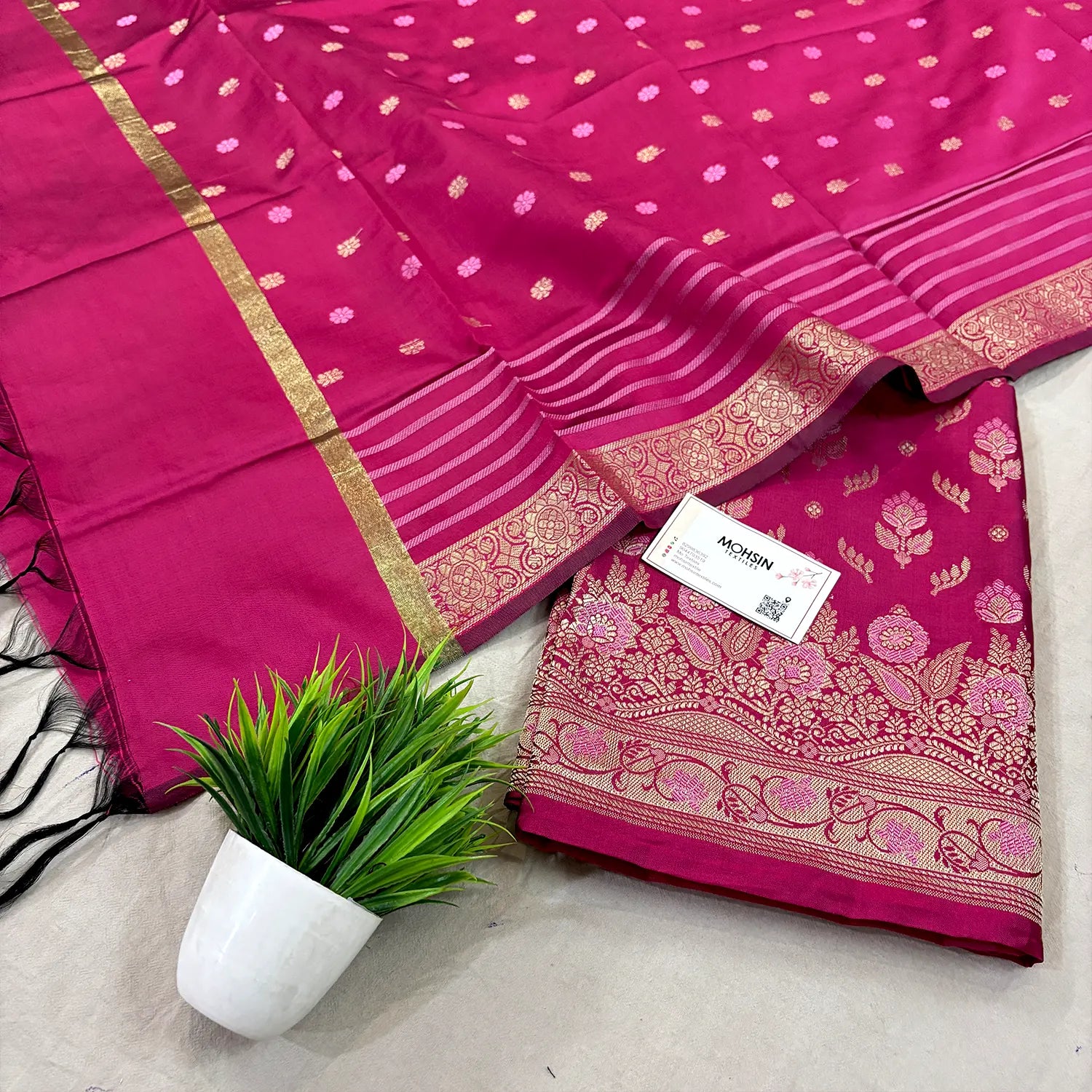 Pink Golden Zari Satin Silk Banarasi Suit
