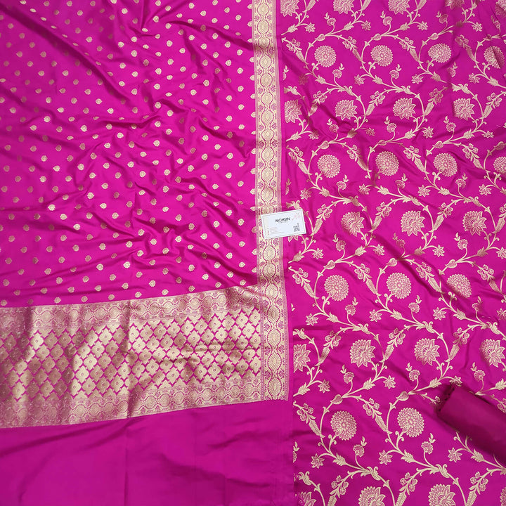 Pink Golden Zari Katan Silk Banarasi Suit