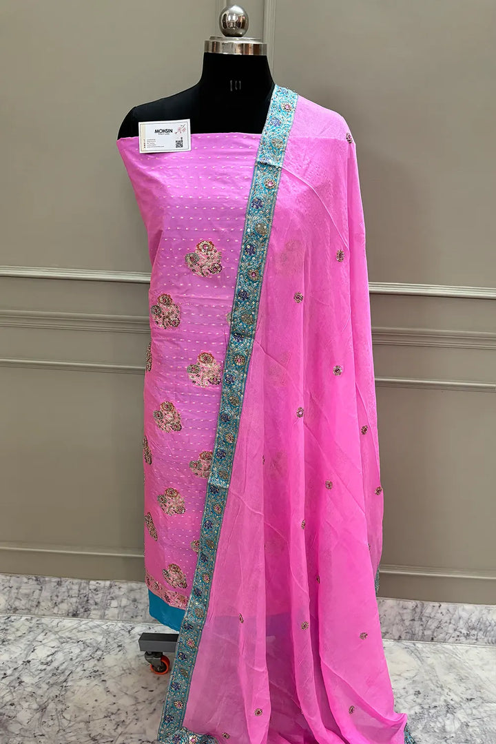 Pink Golden Zari Katan Silk Banarasi Suit