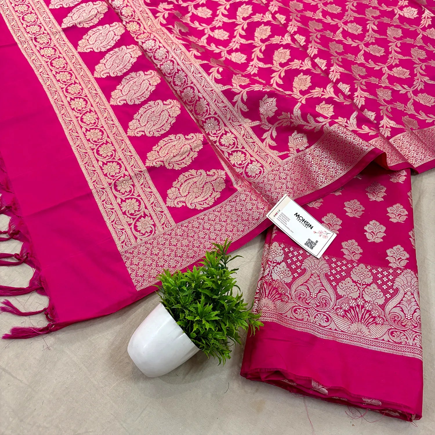 Pink Golden Zari Katan Silk Banarasi Suit