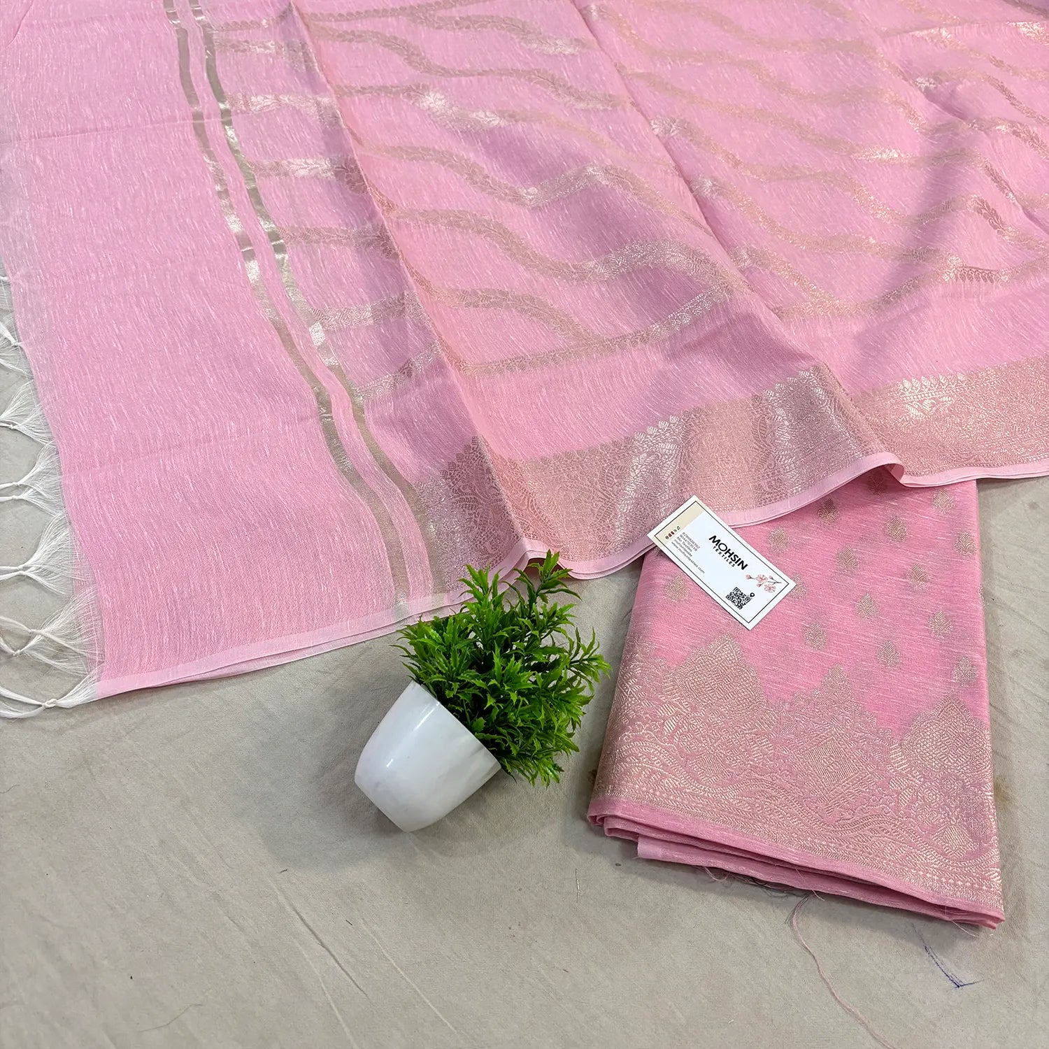 Pink Golden Zari Linen Silk Banarasi Suit