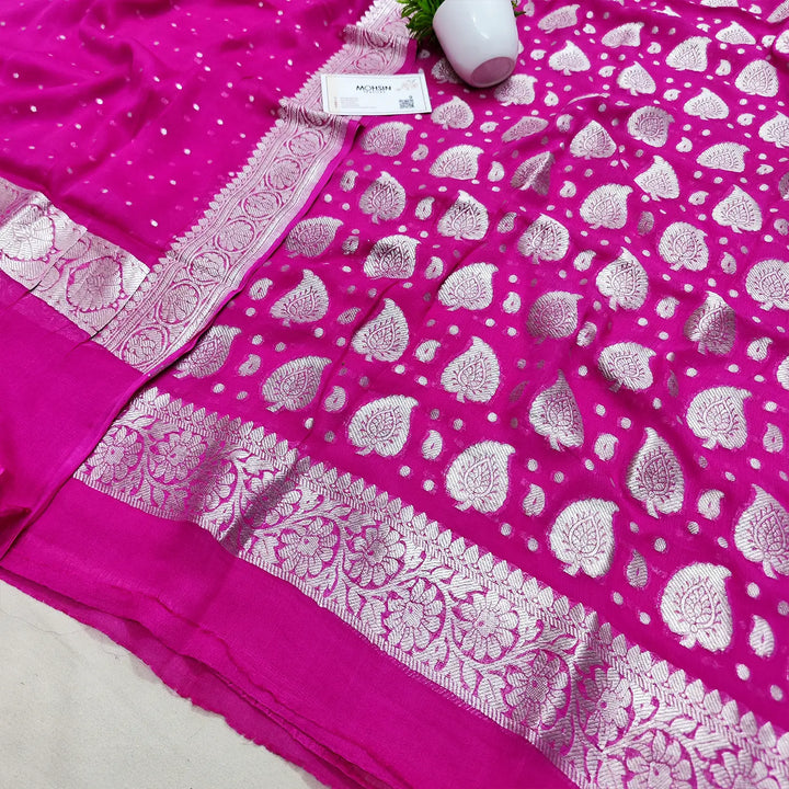 Pink Patta Handloom Georgette Silk Banarasi Suit