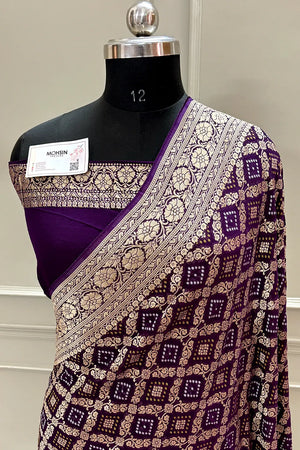 Purple Bandhej Georgette Silk Banarasi Saree