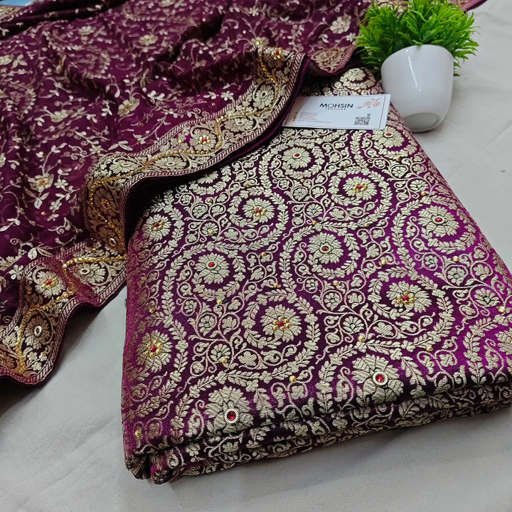 Purple Murrah Jaal Stone Work Kimkhab Silk Banarasi Gharara