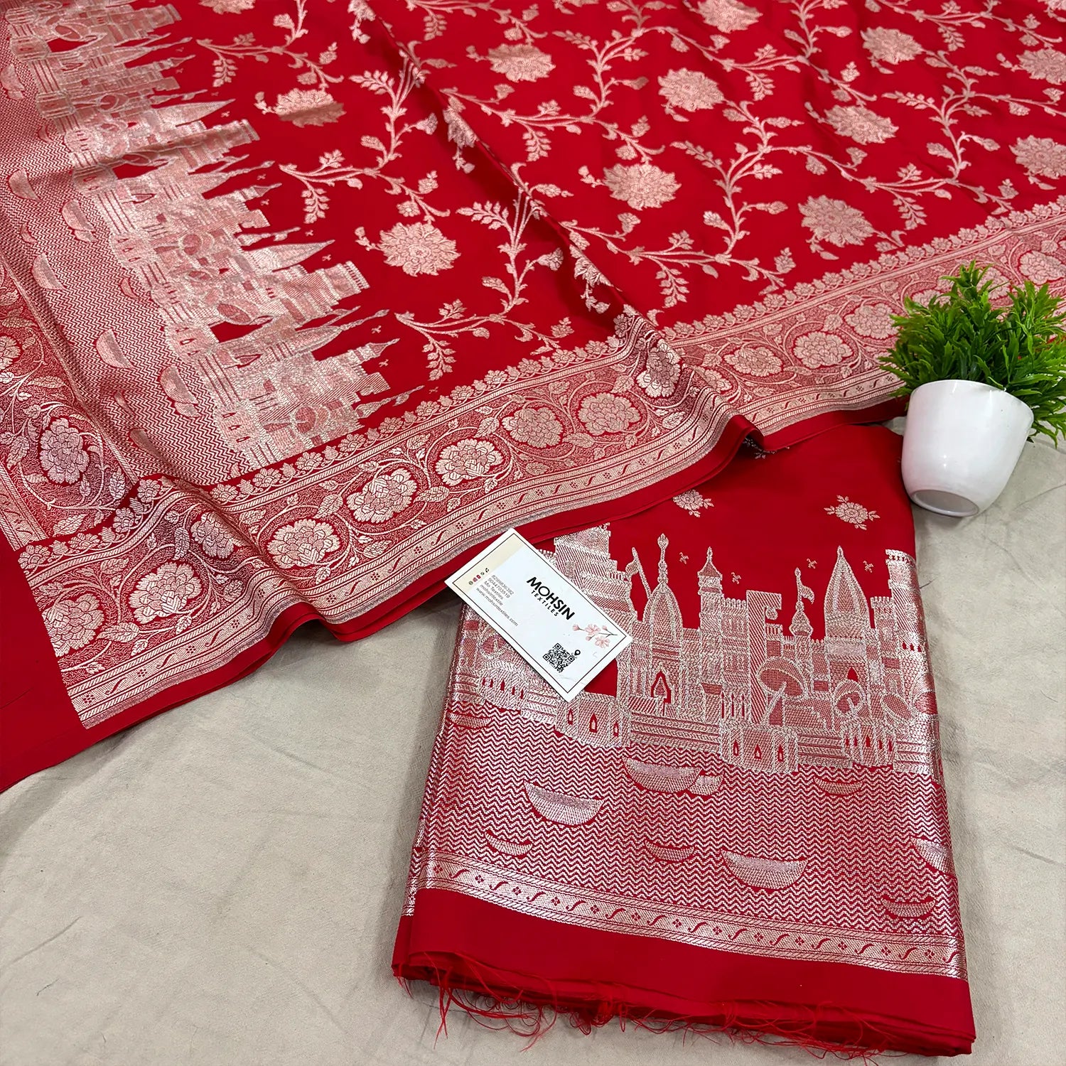Red Ganga Ghat Katan Silk Banarasi Suit