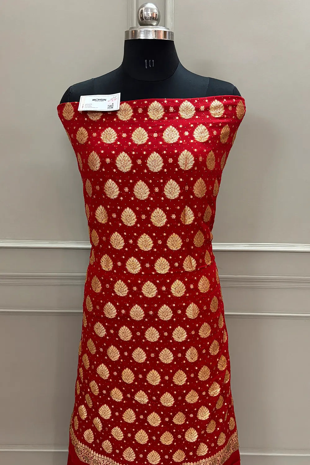 Red Golden Zari Siroski Stone Pure Georgette Silk Banarasi Suit