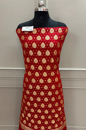 Red Golden Zari Siroski Stone Pure Georgette Silk Banarasi Suit
