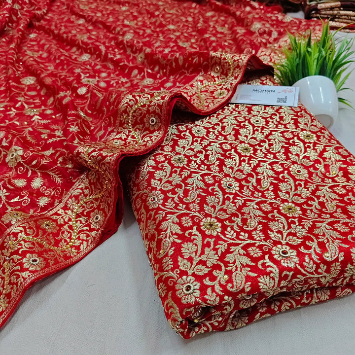 Red Stone Work Kimkhab Silk Banarasi Gharara