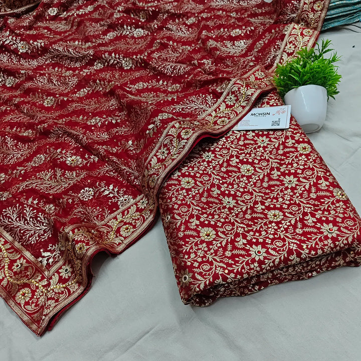 Red Suhani Jaal Stone Work Kimkhab Silk Banarasi Gharara