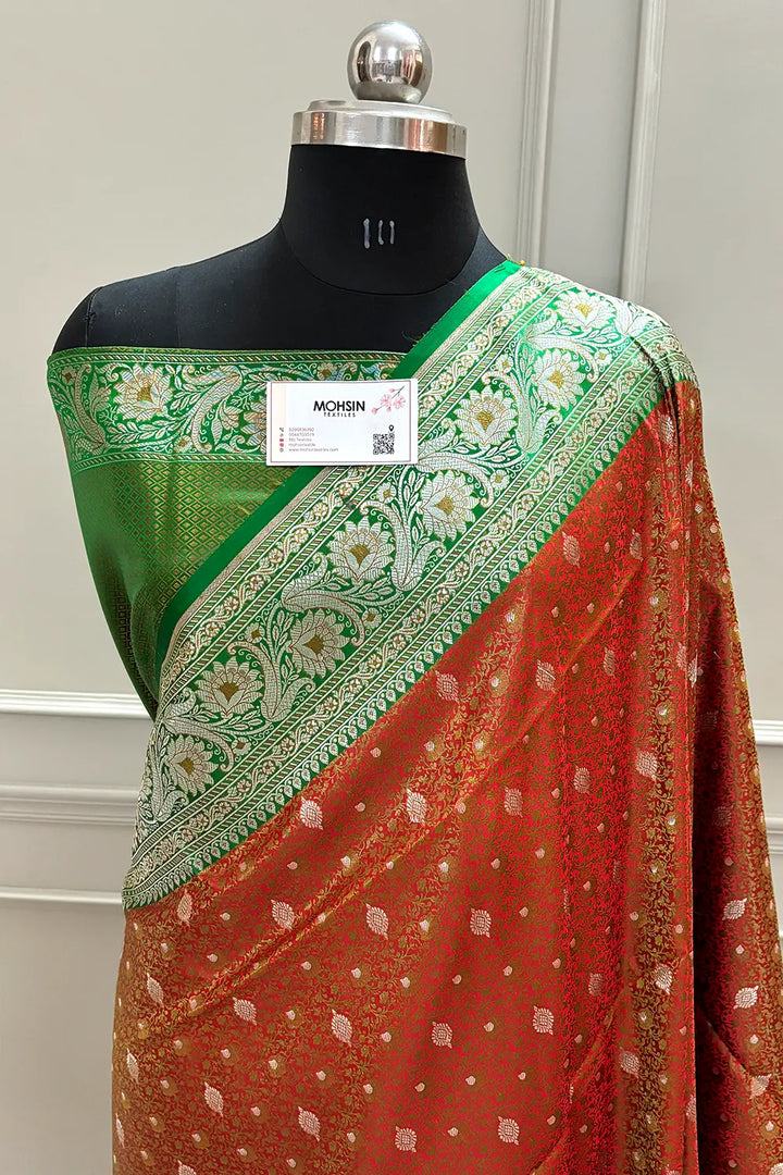 Red and Green Jamewar Katan Silk Banarasi Saree