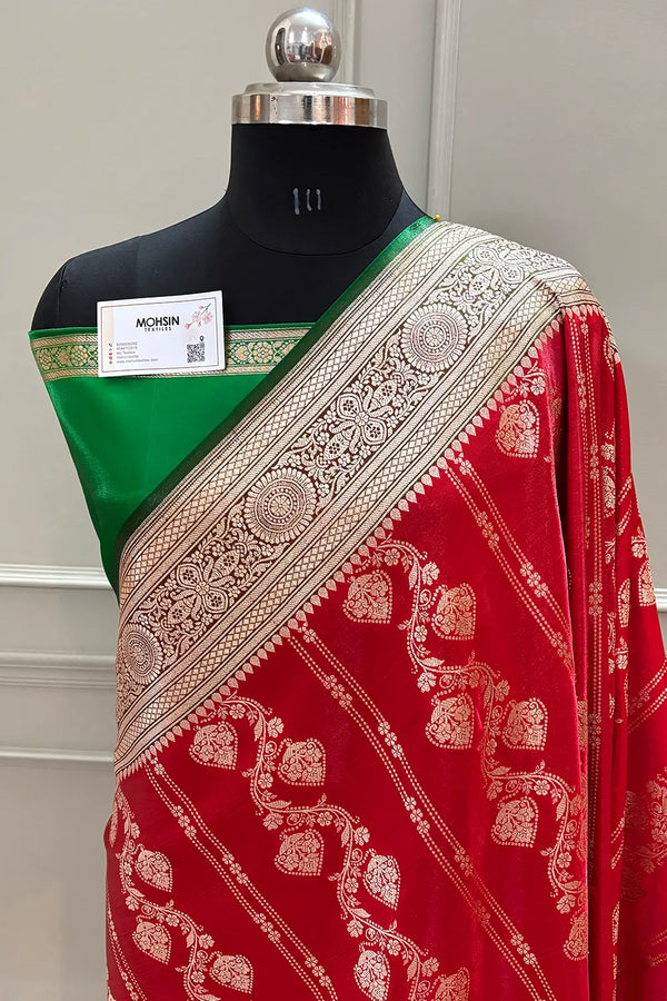 Red and Green Latar Patti Katan Silk Banarasi Saree